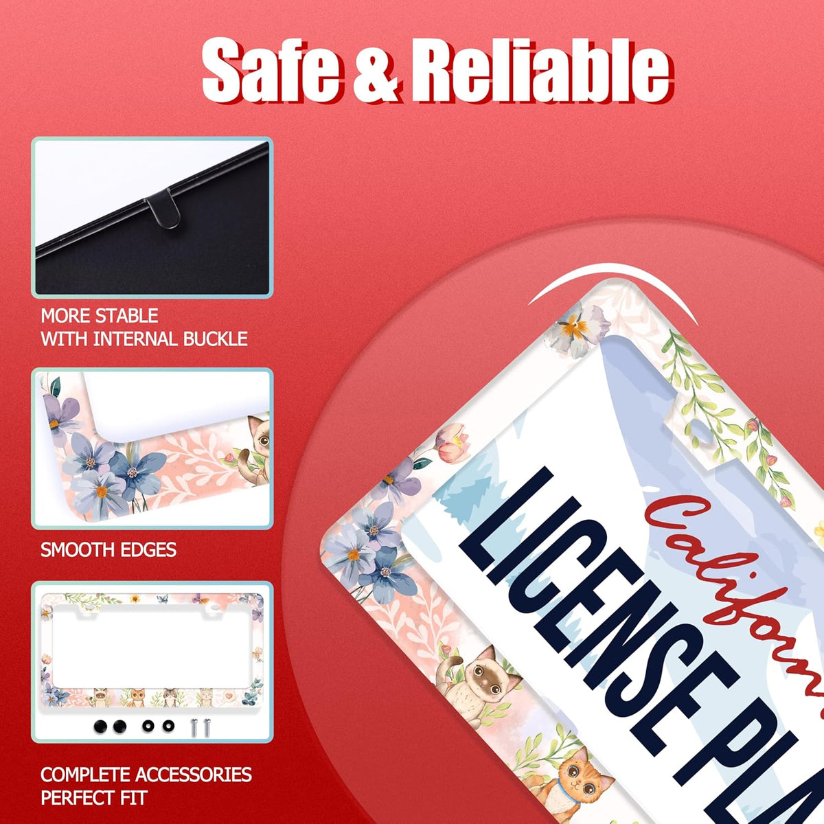 Cat License Plate Frame Beautiful Butterflies Flowers License Plate Holder Funny Personalise Car Stainless Stee Decorative Parts for Standard Us Canada Vehicles 12x6 Inch for Women Men