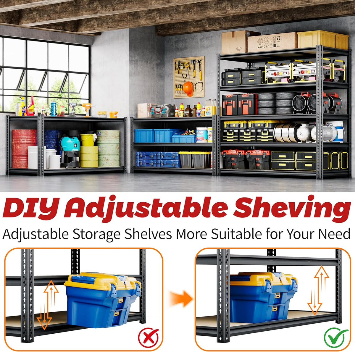 48"W Garage Shelving, 2650LBS Storage Shelves heavy duty, 5 Tier Metal Shelving Unit Adjustable Garage Shelves Heavy Duty Shelving for Warehouse,Commercial, Kitchen, 48" W × 24" D × 72" H, Black