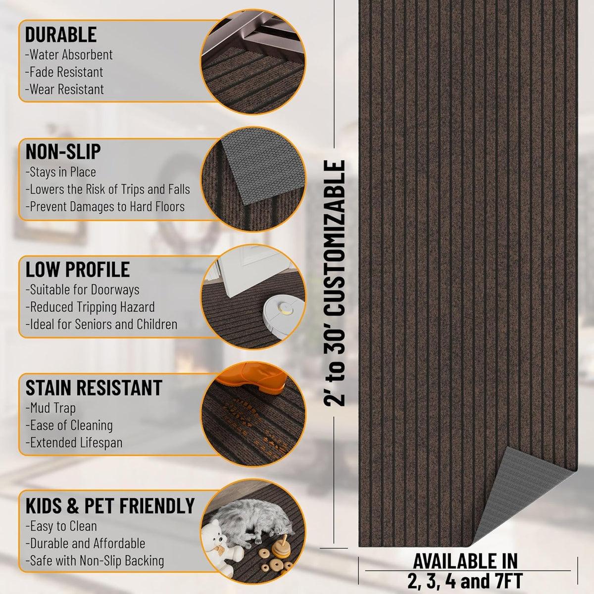 Ottomanson 2'7" x 55' Hallway Runner with Scraper Pile - Extra Durable Non-Slip Rug Mat for Indoor & Outdoor Use - Ideal for Kitchen, Entryway & Garage - High-Traffic Carpet, Brown