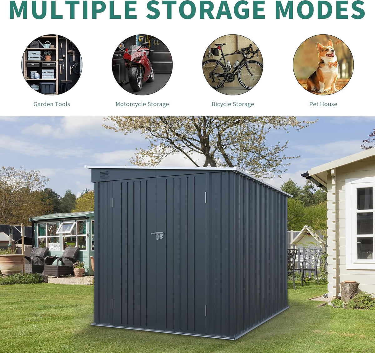 LANTRO JS 6x8FT Metal Outdoor Storage Shed, Garden Tool Shed Without Floor, Lean to Shed with Free PC Light Board and Lockable Doors for Garden Bike Lawnmower
