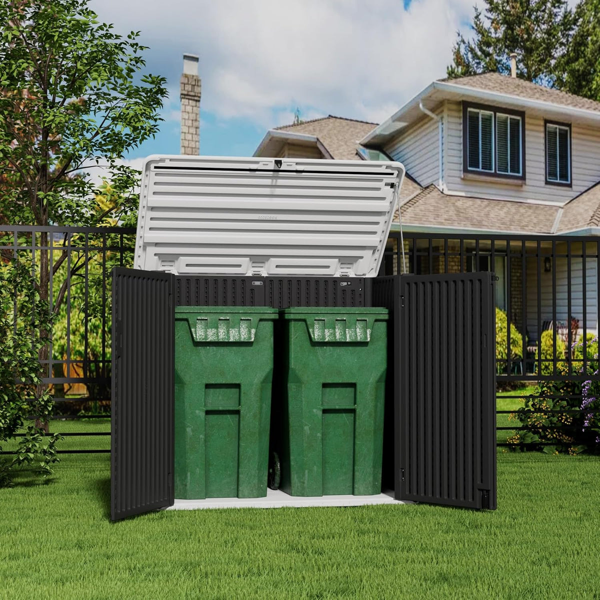 HOMSPARK Storage Shed Weather Resistance, Multi-Purpose Outdoor Storage Cabinet for Backyards and Patios, Horizontal Storage Shed for Lawnmower, Patio Accessories (Black & White, X Large - 48 cu.ft)