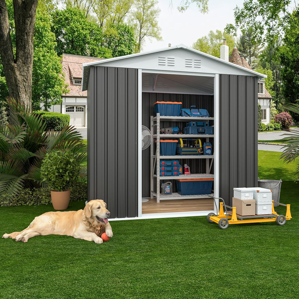 6x4 FT Outdoor Storage Shed, Metal Garden Shed with Lockable Sliding Doors, Outside Tool Shed with Sloped Roof & 4 Air Vents, Waterproof Storage Building for Backyard, Patio, Lawn, Gray