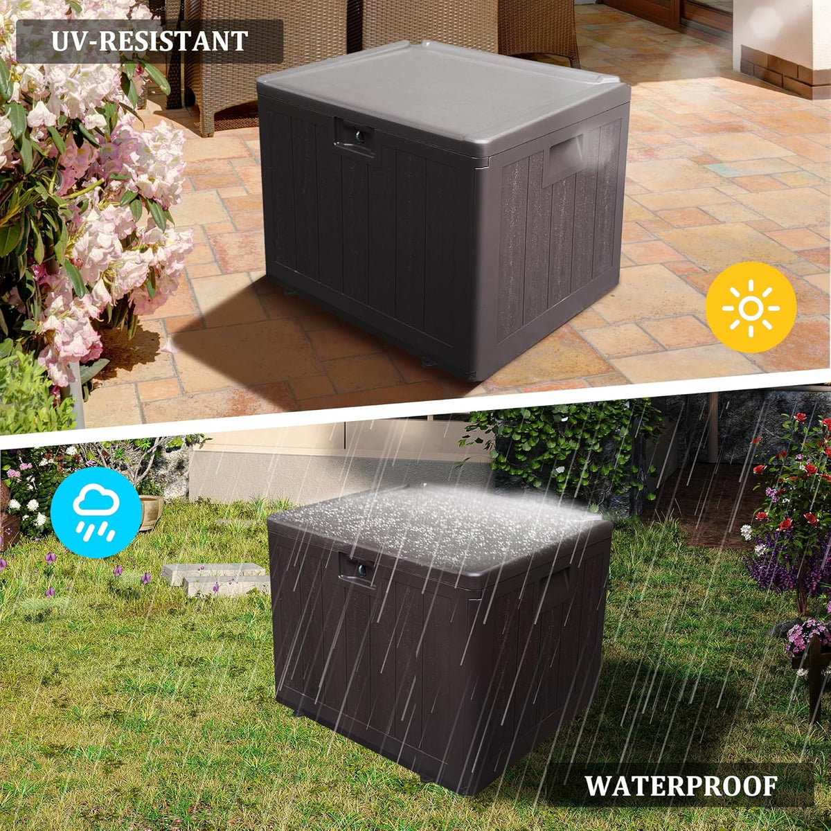 33 Gallon Pro Waterproof Outdoor Storage Bin Resin Deck Box for Patio, Poolside, and Garden, Lockable & UV-Resistant, Ideal for Small Spaces, Brown