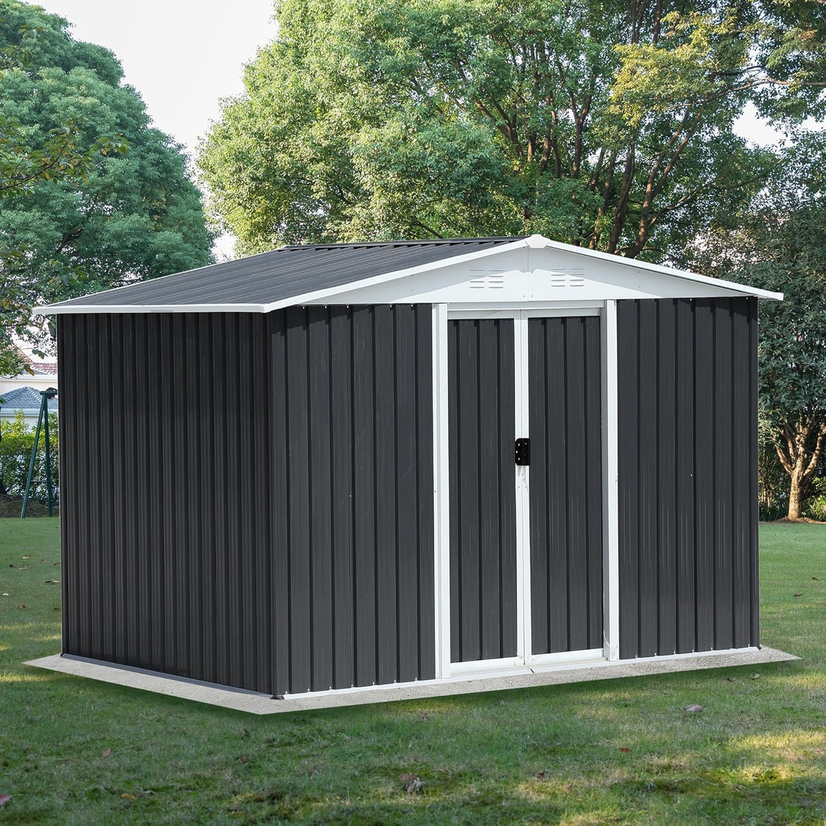 6x8 FT Outdoor Storage Shed, Metal Garden Shed with Lockable Sliding Doors, Outside Tool Shed with Sloped Roof & 4 Air Vents, Waterproof Storage Building for Backyard, Patio, Lawn, Gray