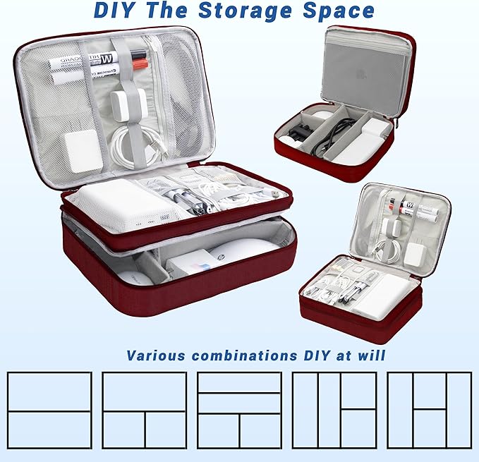 Electronics Organizer,Travel Cord Organizer Pouch, Portable Cable Organizer Bags, Waterproof Electronic Accessories Storage Case for Cables, Cords, Charger, Phone (Three Layer-Winered)