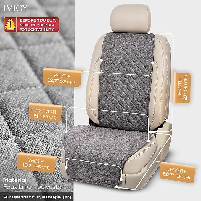 IVICY Faux Linen Front Car Seat Cover – Durable, Non-Slip Seat Protector for Cars – 1 Unit, Cool Gray