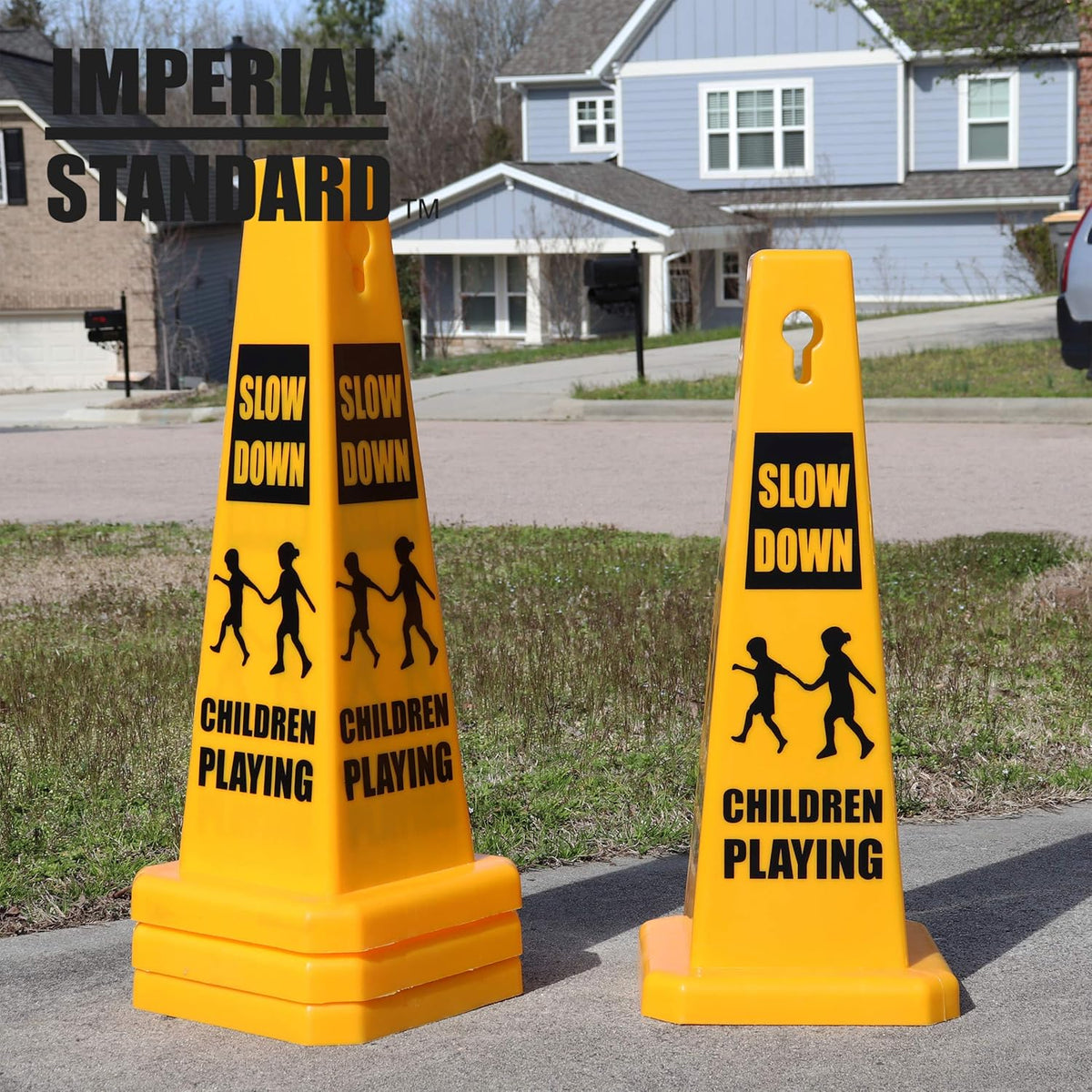 Imperial Standard Children Playing Cone (4 Pack) - Children At Play Sign - Four-Sided Slow Down Kids Cones - Child At Play Signs - Drive Slow/Kid Alert Sign