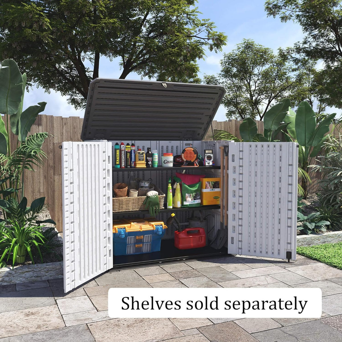 HOMSPARK Storage Shed Weather Resistance, Multi-Purpose Outdoor Storage Cabinet for Backyards and Patios, Horizontal Storage Shed for Lawnmower, Patio Accessories (White 1, Large - 26 cu.ft)