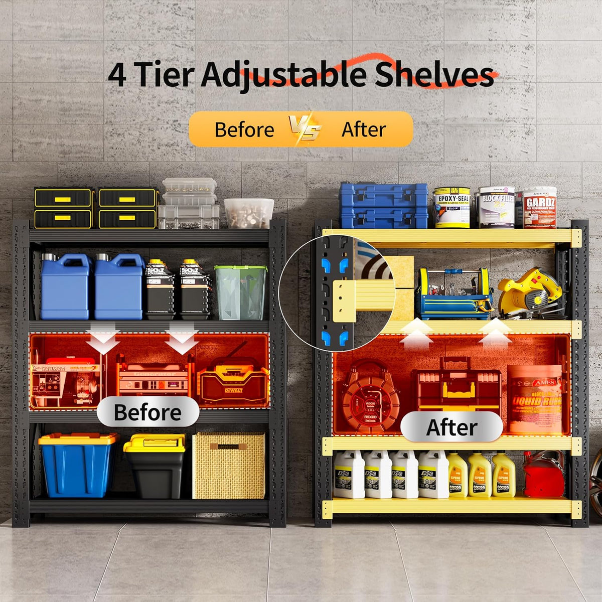 Garage Shelving Unit, 4 Tier Heavy Duty Racks, Easy Assembly, Metal Racks with Adjustable Shelves, 3000 LBS Load Capacity,for Warehouse,Basement (Black, 19.7" D x 31.5" W x 78.7" H)