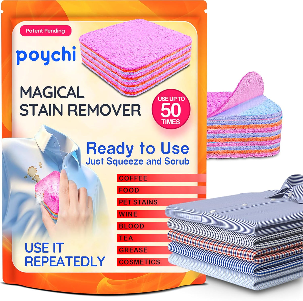 Magical Fiber Stain Remover- Use as Spot Remover- No Dry Cleaning Food, Grease, Coffee Off Laundry, Tea, Fabric, Pet Stains, Stain Remover Sponge Clothes, Carpet, Sofa, Mattress & Upholstery (1 Pack)
