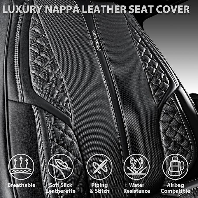 CAR PASS Nappa Leather Car Seat Covers Front Seats Only, Luxury PU Leatherette Seat Covers 2 Pack Waterproof Durable Car Seats Cushion Protector Universal Fit for Sedan SUV Pick-up Truck Van All Black