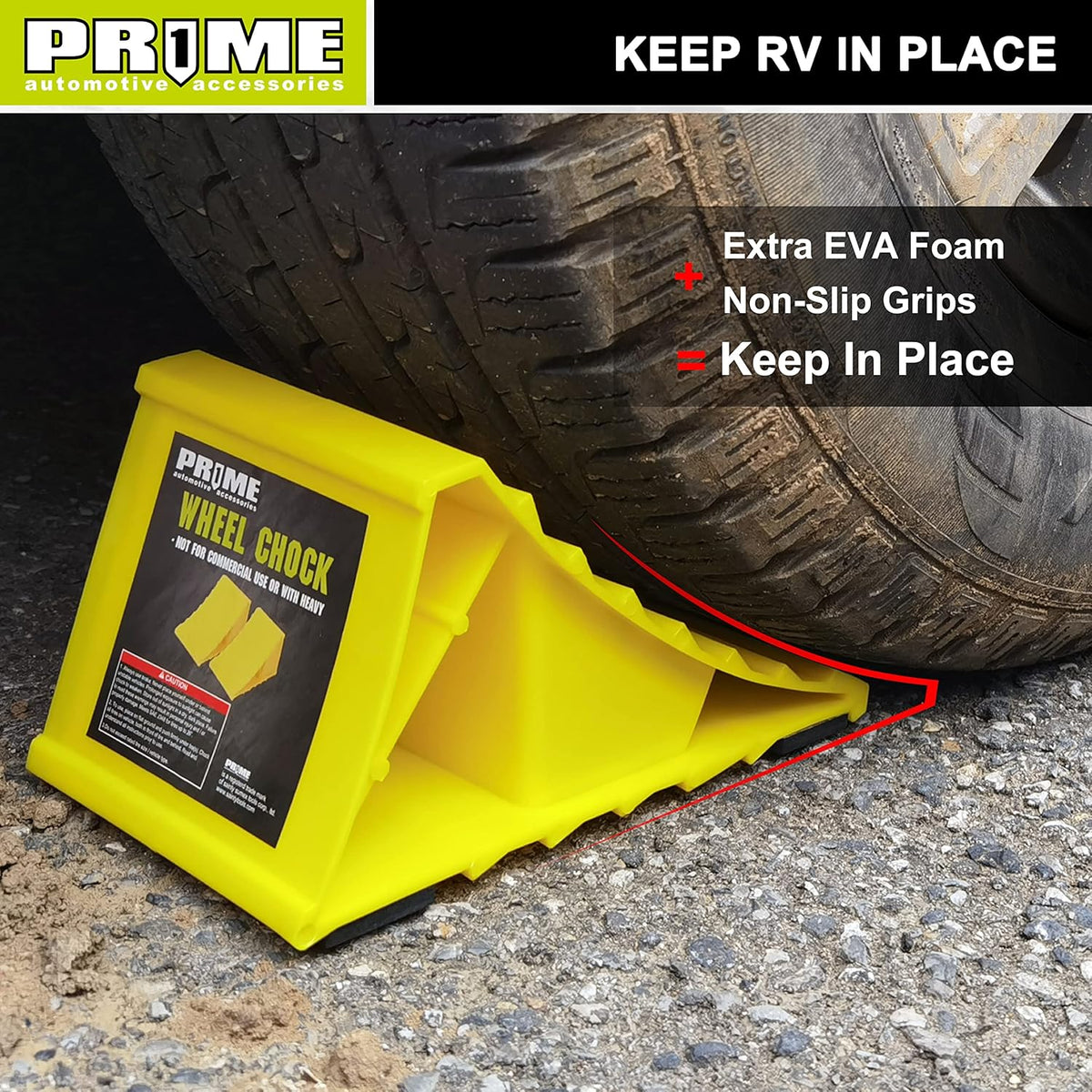 PR1ME Wheel Chocks with Non-Slip Base for RV & Trailer. 2 Pack Heavy Duty Wheel Chock with Bright Yellow. Lightweight Wheel Stoppers for Cars Camper Trucks RVs, Fit for Most Tyre Sizes
