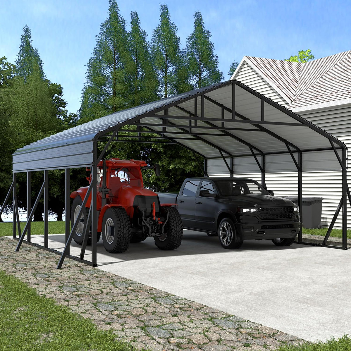 Xilingol Metal Carport, Heavy Duty Carport Canopy with Galvanized Steel Frame and Roof, Outdoor Storage Shed, Car Tent Garage Shelter for Pickup, Truck, Boat and Tractor, Grey (20x20 FT Black)