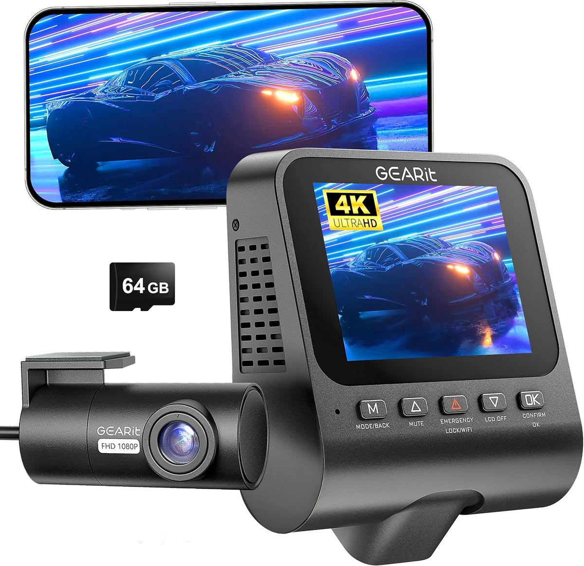 GEARit 4K Dual Dash Cam Front and Rear Camera with WiFi, GPS, Night Vision - 2 Channel Car Camera System with Supercapacitor, Parking Mode, Loop Recording & Free 64GB SD Card