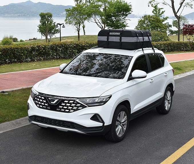 MARCHWAY Waterproof Car Roof Luggage Bag, Weatherproof Soft Shell Rooftop Cargo Carrier Bag for Vehicles with or Without Rack. 6 Door Hooks, Anti Slip Mat, Lock Included (15 Cubic Feet, Black)