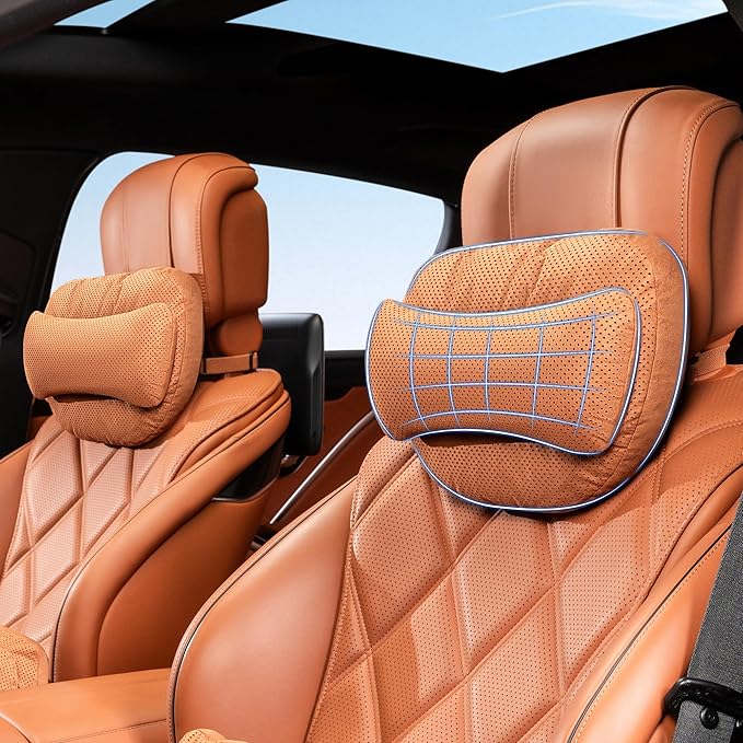 2 Pack Car Headrest Pillow, Suede Car Headrest Pillow for Neck Support with Adjustable Strap, Suitable for Cars SUVs Sedan Home Office (Orange)
