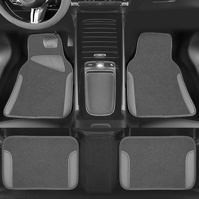 CAR PASS Microfiber Leather Steering Wheel Cover and Waterproof Car Floor Mats,Universal Car Combo Fit for 95% Sedan,SUV,Cars,14.5-15inch Anti-Slip Safety Comfortable Faux Leather Design(Solid Gray)