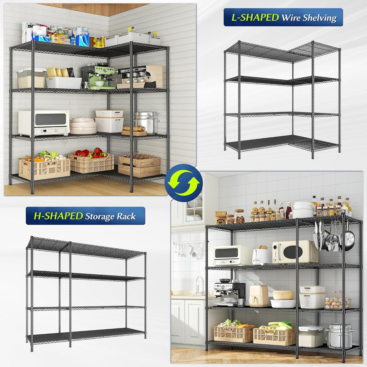 52.36''W Storage Shelves Metal Shelving Unit Load 1120LBS 4 Tier Wire Shelving for Storage Rack Adjustable Garage Shelving Heavy Duty for Pantry Kitchen Garage,52.36Wx13.78Dx59H