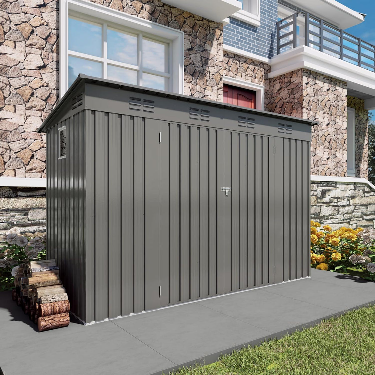 4x9 FT Lean to Shed with Window, Metal Sheds & Outdoor Storage with 6 Vents and 2 Swing Doors, Outdoor Storage Shed Waterproof for Backyard, Garden, Patio, Gray