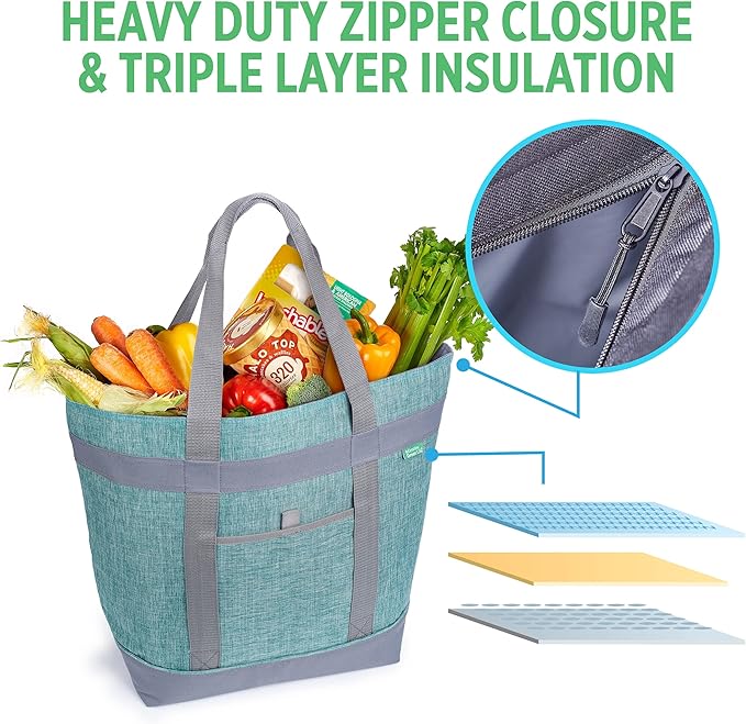 Jumbo Insulated Cooler Bag (Green) with HD Thermal Insulation - Premium, Collapsible Soft Cooler Makes a Perfect Insulated Grocery Bag, Food Delivery Bag, Travel Bag, Beach or Picnic Bags