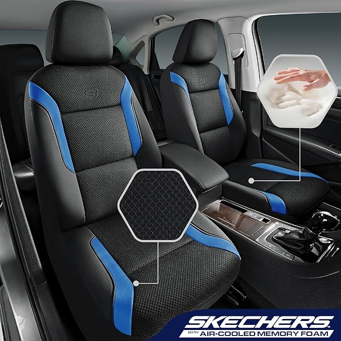 Skechers Memory Foam Car Seat Covers, Air Cool Mesh Thick Seat Covers, Car Seat Cover Full Sets, Airbag Compatible, Automotive Comfort Protection for Most Cars,Vans,Trucks, SUVs,Blue