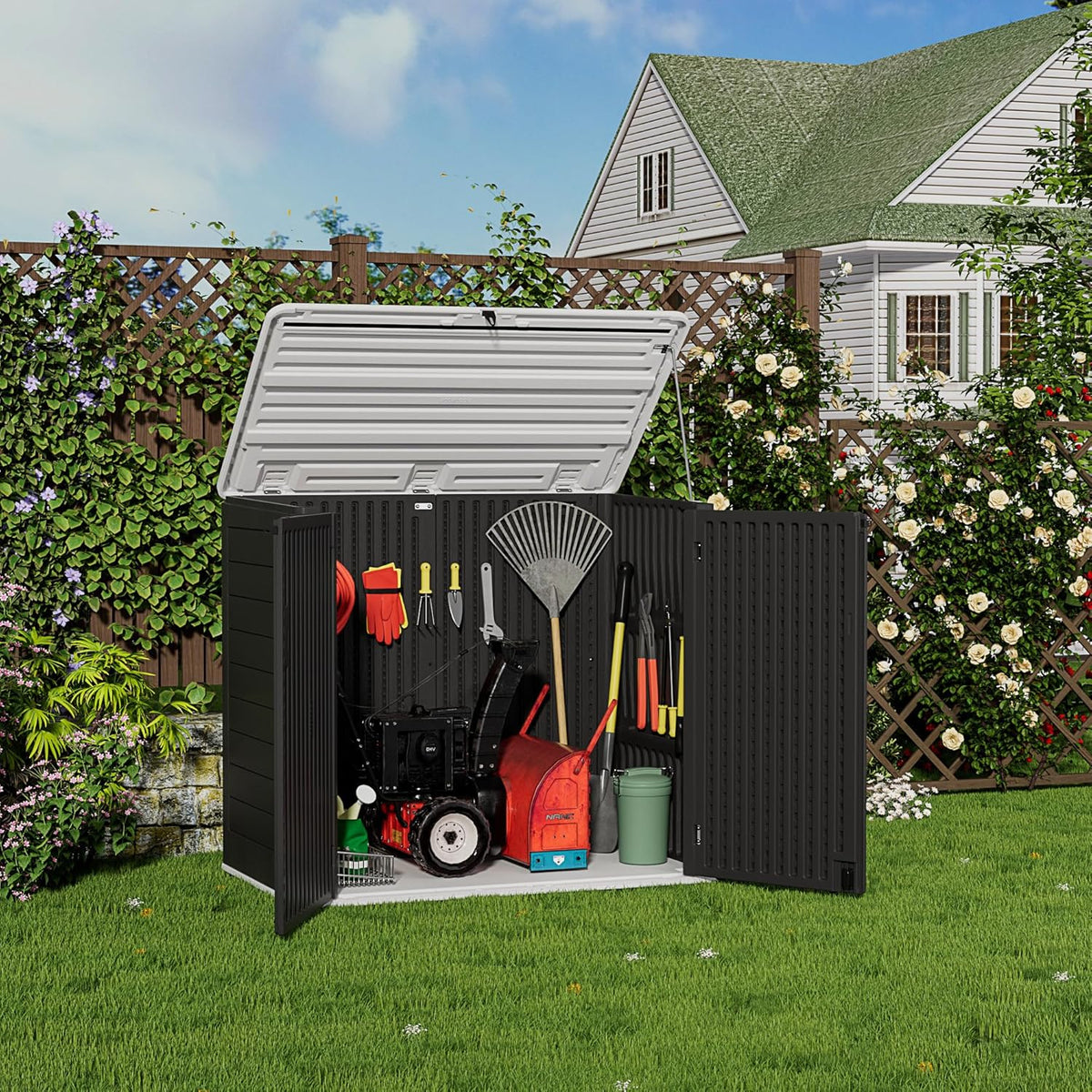 HOMSPARK Storage Shed Weather Resistance, Multi-Purpose Outdoor Storage Cabinet for Backyards and Patios, Horizontal Storage Shed for Lawnmower, Patio Accessories (Black & White, X Large - 48 cu.ft)