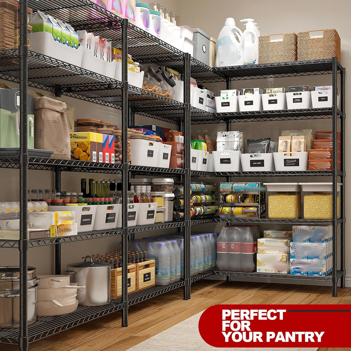 REIBII 5 Tier Wire Shelving Storage Shelves Loads 1430LBS, 58" W Metal Shelving for Storage Adjustable Shelving Unit Heavy Duty Garage Shelves Pantry Shelves Kitchen, Black