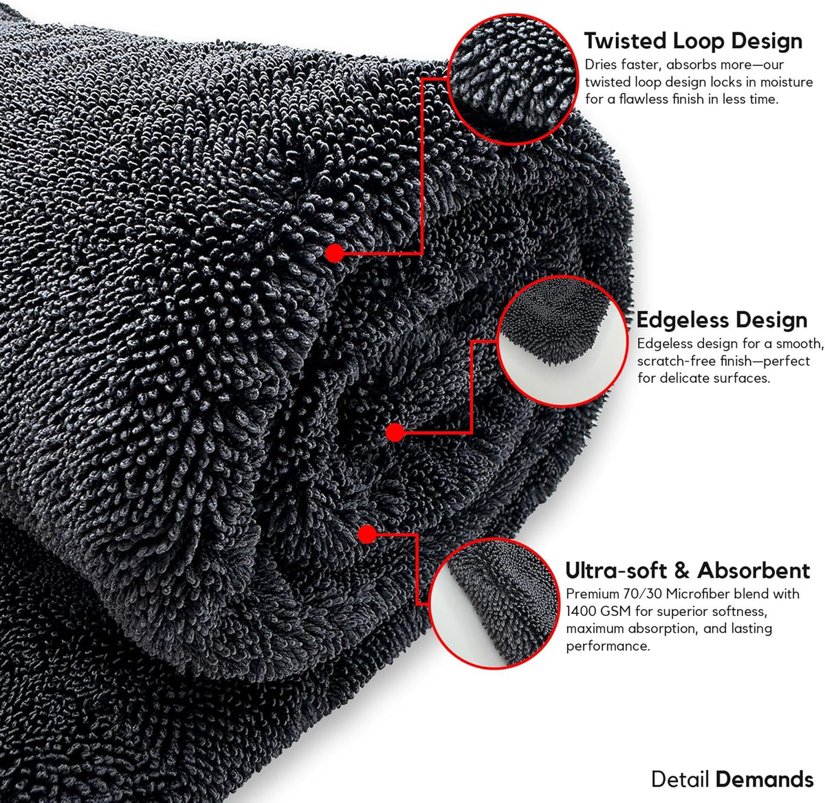 Extra Large Car Drying Towel - 1400 GSM Edgeless Twisted Loop Design - 70/30 Blend Microfiber Towels for Cars, Trucks, SUVs - Superior Absorption, Streak-Free - 24" x 36", Black