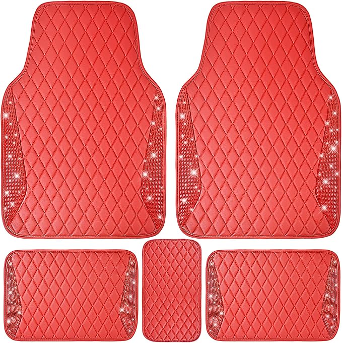 CAR PASS Bling Leather Car Mats Shining Diamond Floor Mats Crystal Rhinestones Sparkly Glitter Carpet Anti-Slip Waterproof Pad Universal Fit for Automotive SUV, Sedan, Van, 5pcs for Girl Women Red