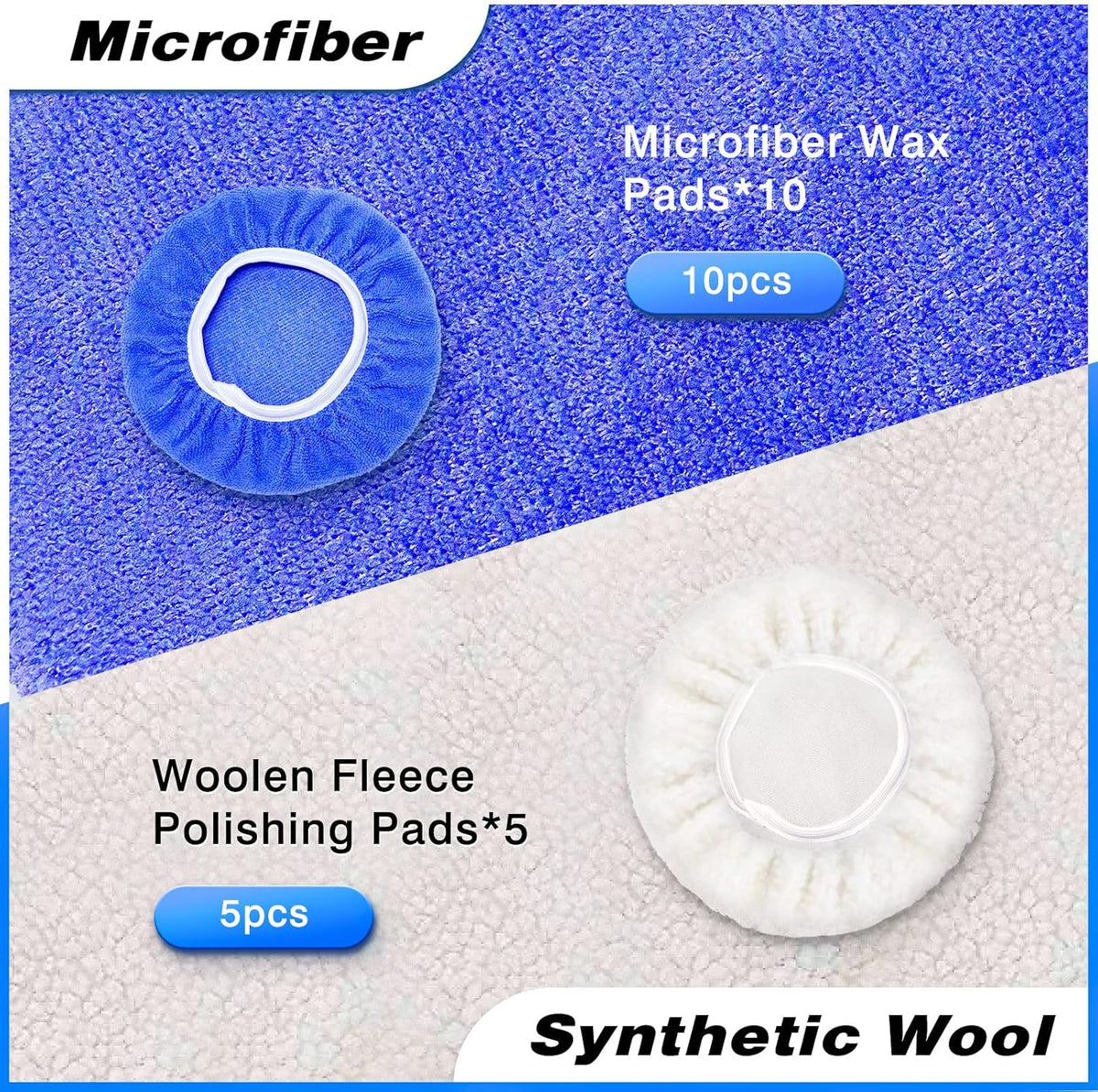 7 to 8 Inch Car Polisher Pad Bonnet, 15Pcs Car Polishing Bonnet Buffing Pads, 10*Microfiber+5*Woollen