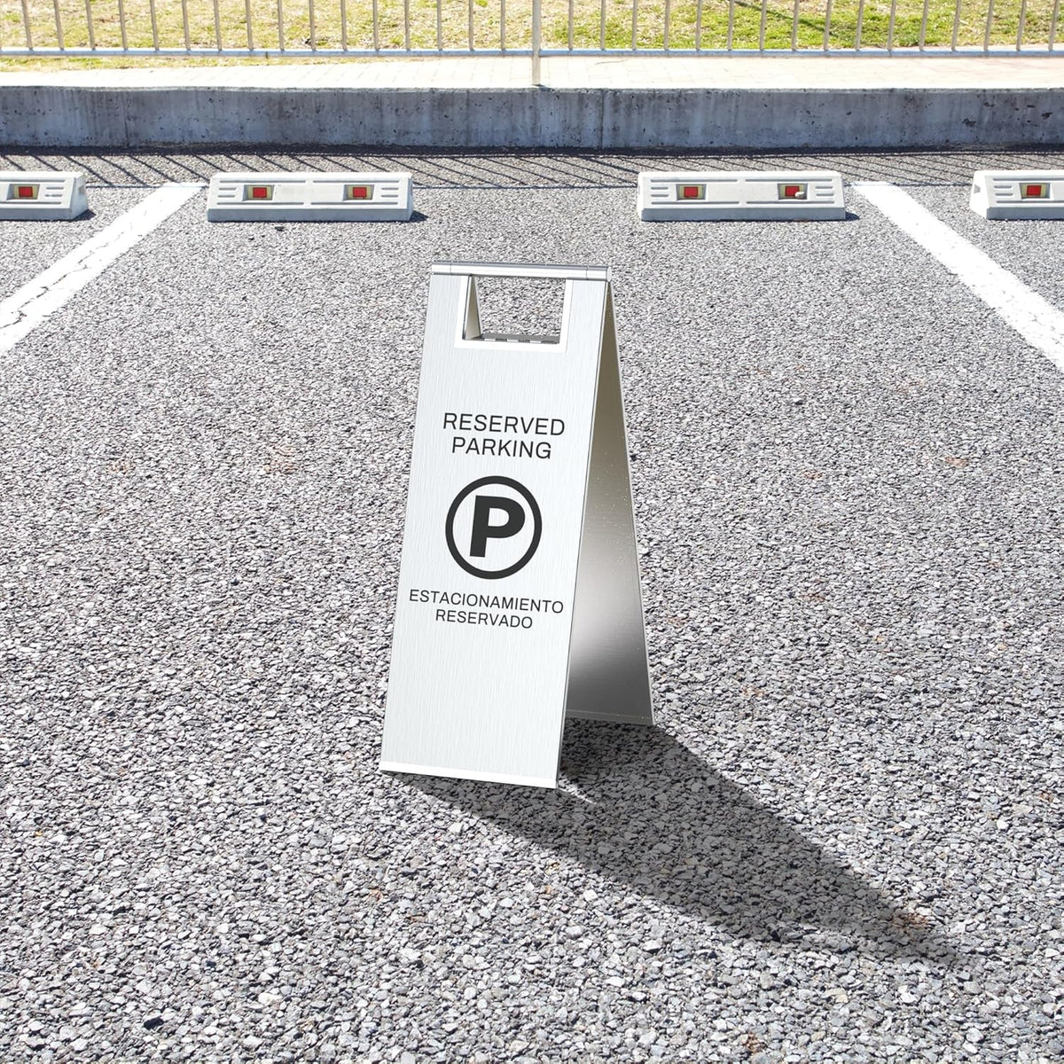 Reserved Parking Sign – Foldable Heavy Duty Plastic A-Frame with Bold “P” Symbol, Bilingual English & Spanish – 24" Tall Reserved Spot Marker for Storefront, Driveway, Garage – Silver