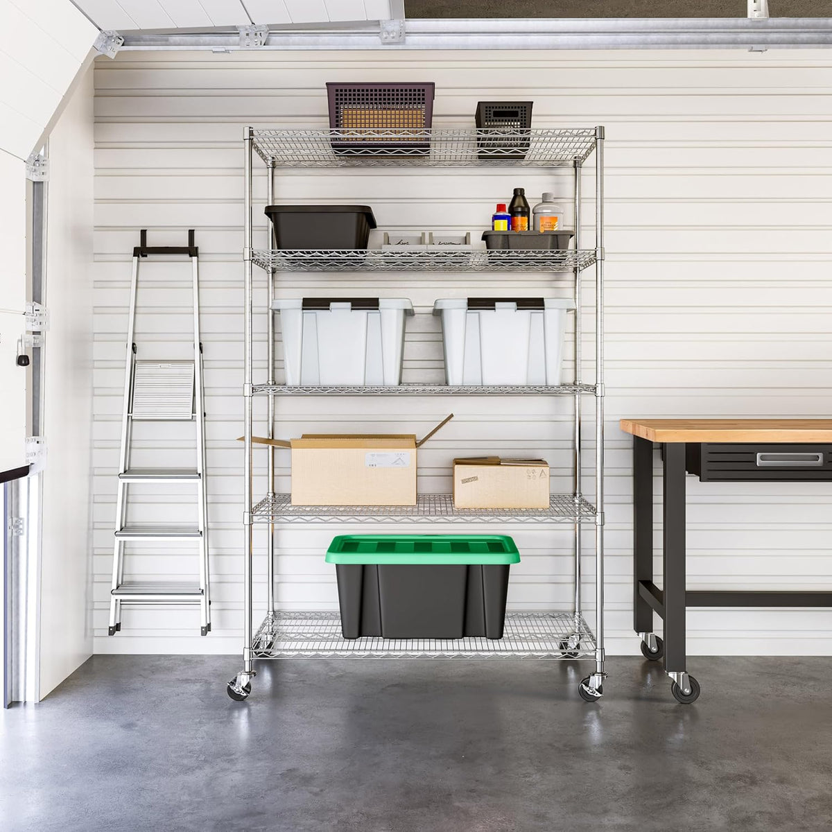 Seville Classics UltraDurable Heavy Duty NSF Solid Steel Wire Rack Storage Unit Organizer for Garage, Warehouse, Office, Restaurant, Classroom, Kitchen, 5-Tier Shelving, 48" W x 24" D