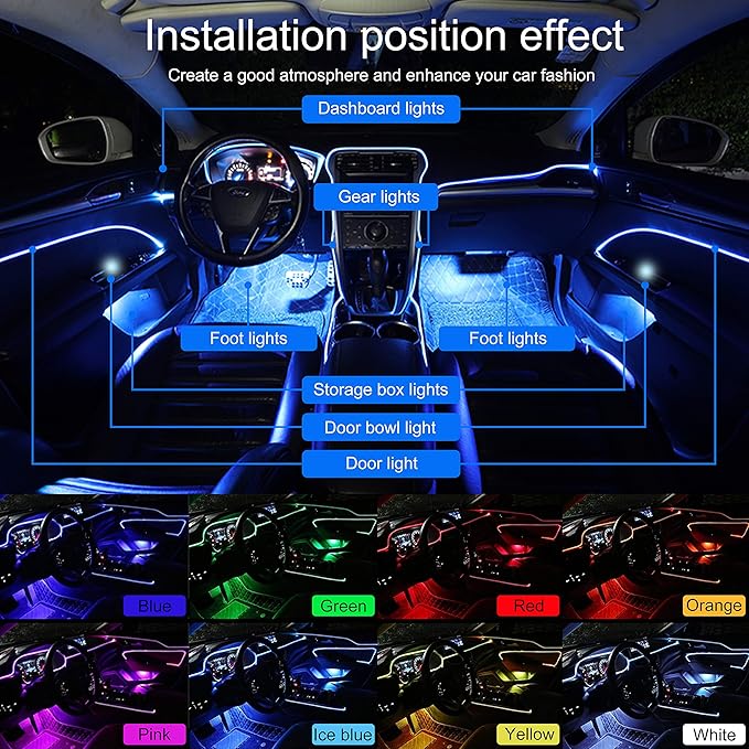 Car Interior Ambient Lighting Optic Fiber RGB 64 Colors Multicoloured Music Car Footwell Lighting Kit with Cigarette Lighter and App Microphone, DC 12V-24V 1W 6m