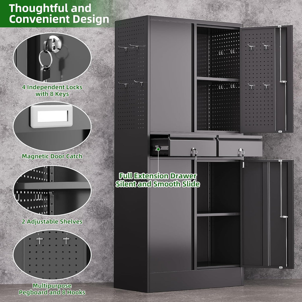 71" Metal Garage Storage Cabinet with 8 Hooks and Pegboards,2 Drawer Tool Storage with Locking Doors and Adjustable Shelves,Heavy Duty Steel Tool Cabinet for Garage, Warehouse