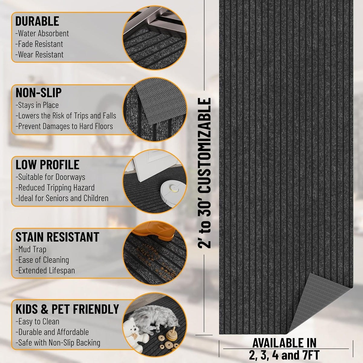 Ottomanson 2' x 48' Hallway Runner with Scraper Pile Extra Durable Non-Slip Rug Mat for Indoor & Outdoor Use - Ideal for Kitchen, Entryway, Patio & Garage - High-Traffic Carpet, Black