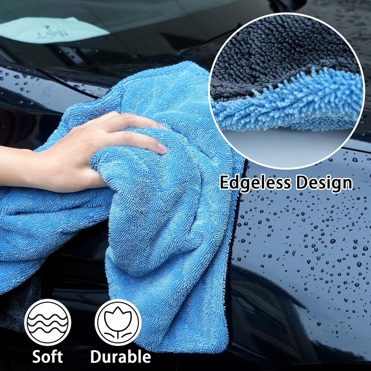 LIVOS Car Drying Towel, Premium Microfiber Towels for Cars, 1000GSM, Edgeless Twisted Loop Design, No Streaks, Scratches, or Water Spot, Absorbent Wash Towel, 18" x 24" (Blue&Grey)