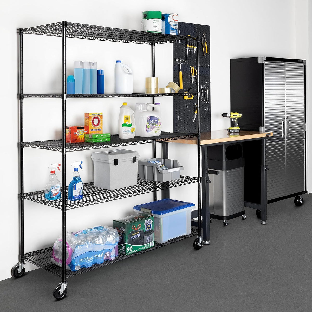 Seville Classics UltraDurable Heavy Duty NSF Solid Steel Wire Rack Storage Unit, Organizer for Garage, Warehouse, Office, Restaurant, Classroom, Kitchen, Black, 5-Tier Shelving, 60" W x 24" D