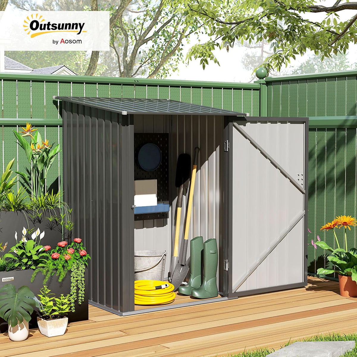 Outsunny 3.3' x 3.4' Outdoor Storage Shed, Metal Garden Tool House with Sloping Roof and Lockable Door for Backyard, Bike, Patio, Garage, Lawn, Gray