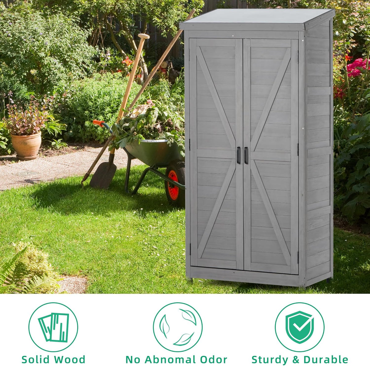 Outdoor Storage Shed Waterproof, Potting Shed with Storage Cabinet and Metal Table Top for Backyard Garden Patio, Outdoor 68 Inches Wood Tall Shed