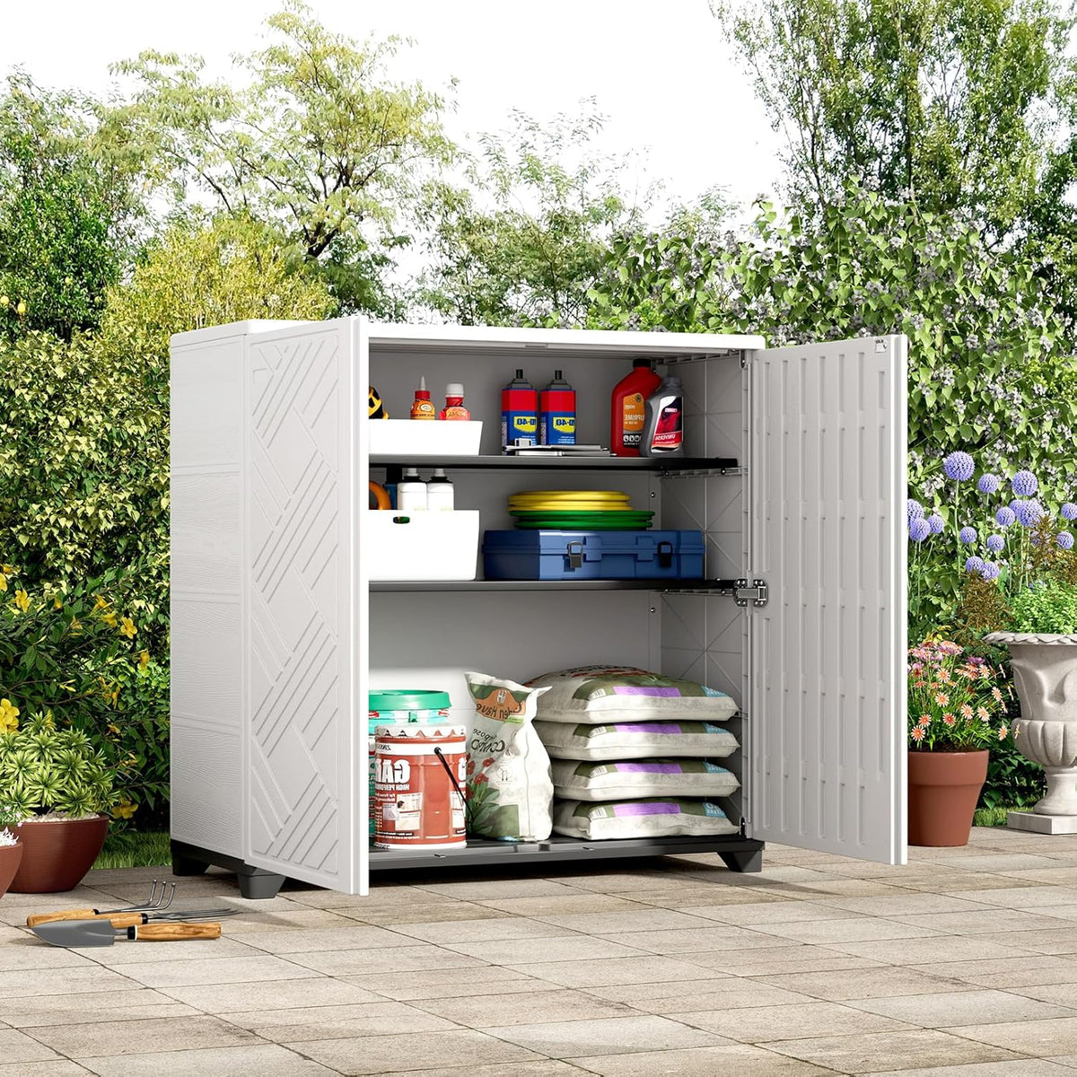 ZZM Indoor/Outdoor Storage Cabinet Waterproof, 34"x15"x34" Plastic Outdoor Storage Box for Garden Balcony Bathroom, All Weather Outdoor Storage Clearance, DIY Usage, with 2 Shelf (White)