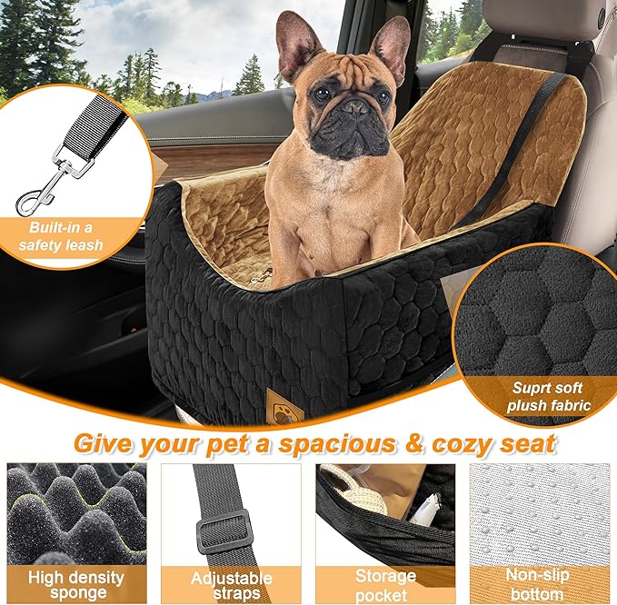 Dog Car Seat for Small/Medium Dogs, Memory Foam Dog Booster Seat, Travel Safety Per Car Seat with Washable Removable Cover, Storage Pockets for Dogs up to 35 lbs(BlackBrown)