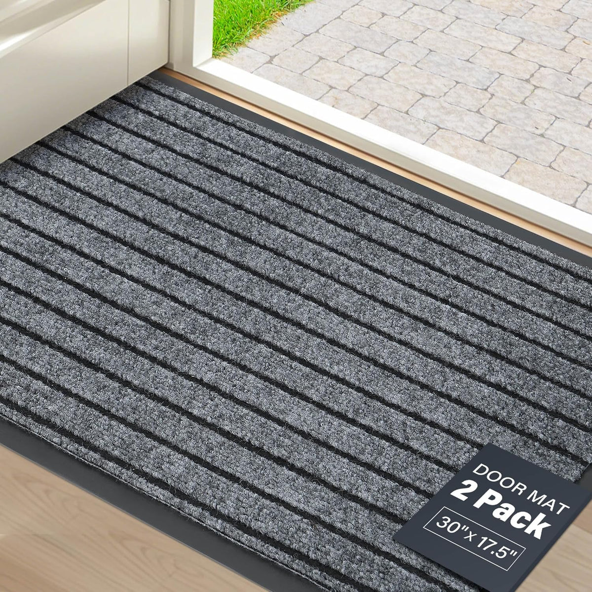 LotFancy 30" x 17" Set of 2 Front Door Mat for Indoor Outdoor Entrance, Dirt Traper Low Profile Easy Clean Doormat, Non Slip Welcome Mats for Patio Porch Garage Entryway, Dark Gray