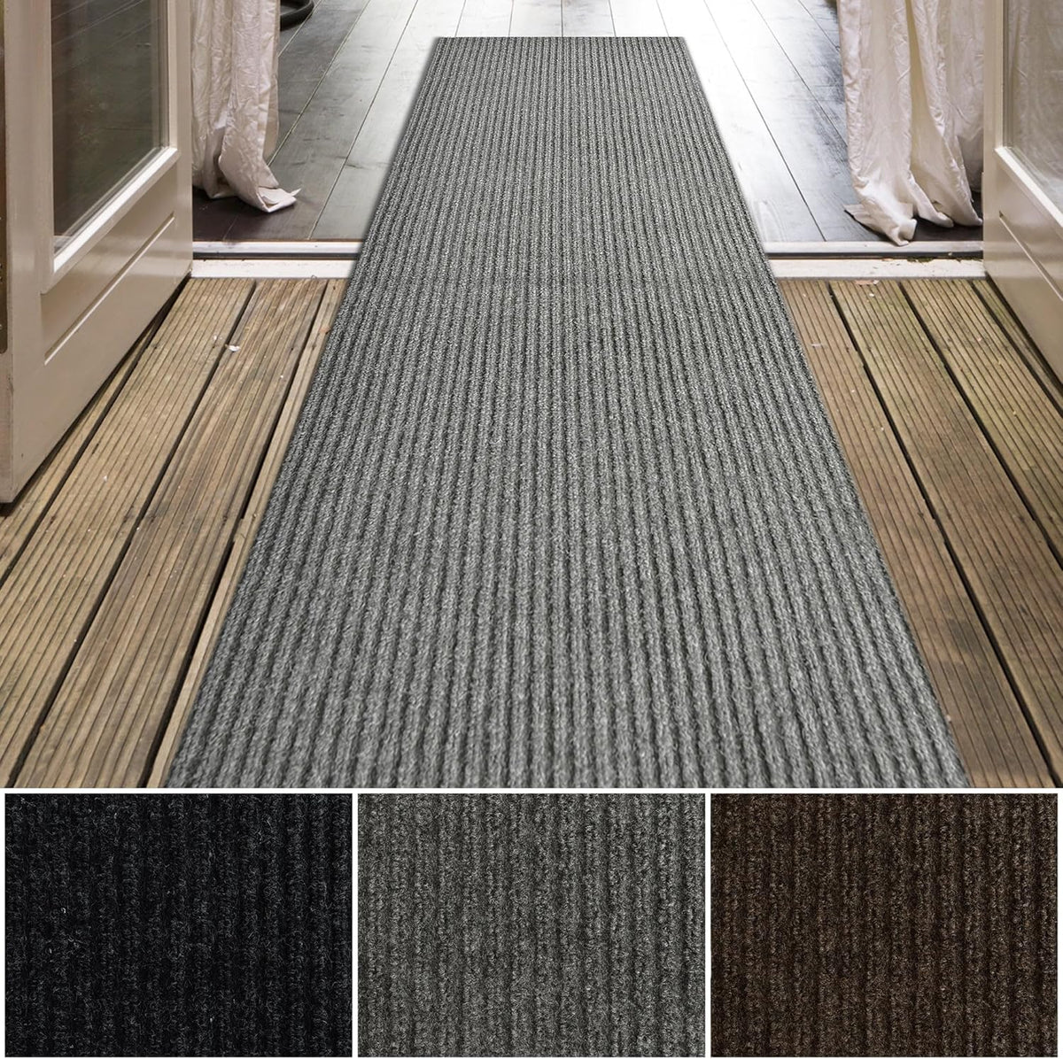 iCustomRug Spartan Weather Warrior Indoor/Outdoor Utility Ribbed Carpet Runner with Non-Slip Thermoplastic Rubber Backing, 3ft X 62ft in Grey