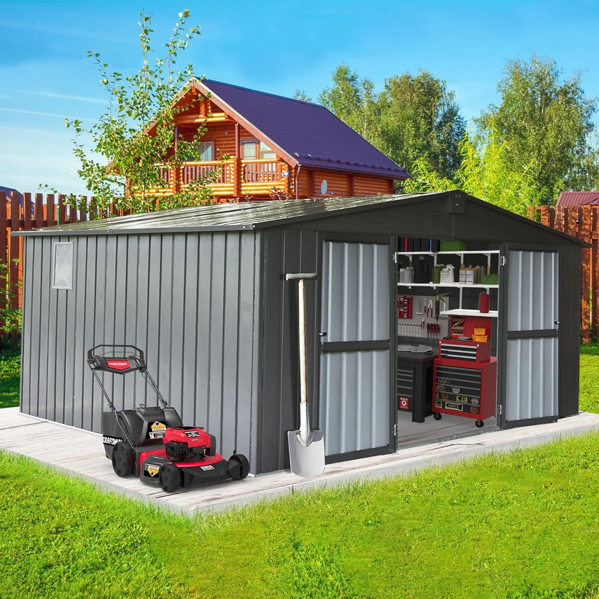 Domi Outdoor Storage Shed 11' x 12.5', Metal Sheds Steel Utility Tool Storage House with Double Lockable Doors & Air Vents for Patio Garden Lawn Backyard, Dark Gray
