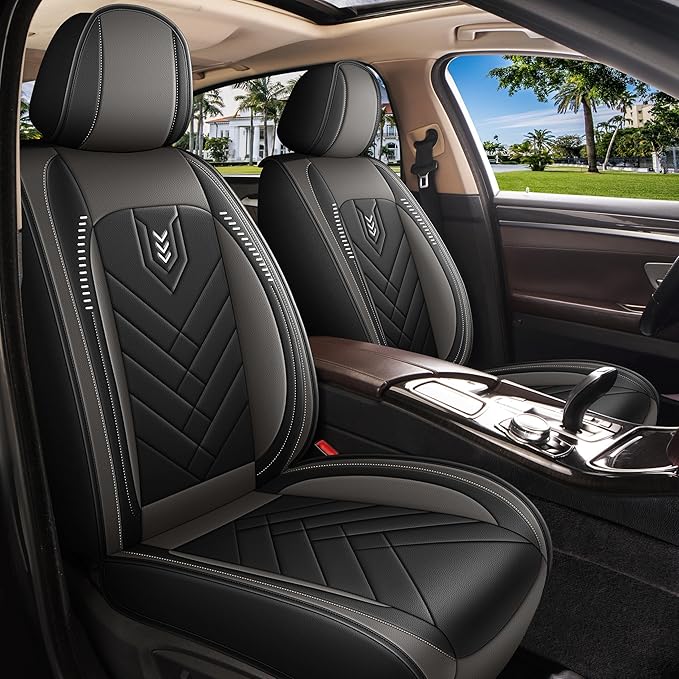 AOMSAZTO Car Seat Cover for Chevrolet Chevy Malibu 2009-2025 2026 Front Set, Leather Car Seat Protector Waterproof, Non Slip Car Seat Cushion, Interior Seat Covers Automotive Accessories - Black&Grey