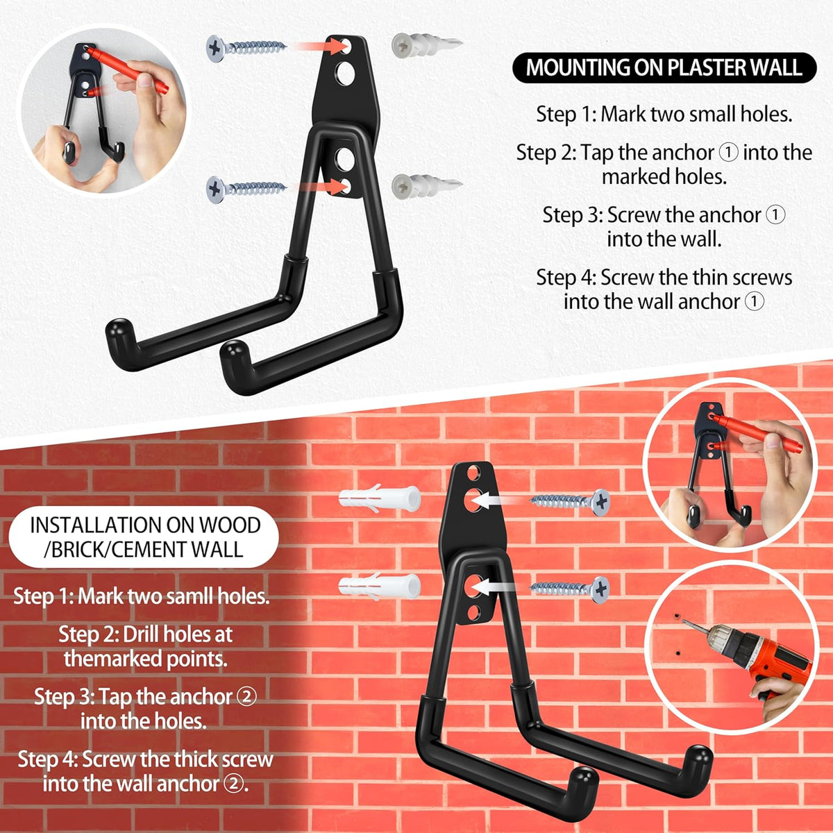 18 Pack Garage Hooks Heavy Duty - Anti-Slip Coating， Garage Storage Hooks for Hanging Bike，Ladder，Garden Tools，Hose