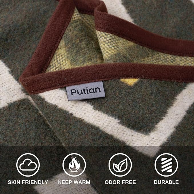 PuTian Merino Wool Blanket - Large Warm Soft Washable Wool Throw for Bed Couch Camping Outdoor Travel Emergency, Green Check