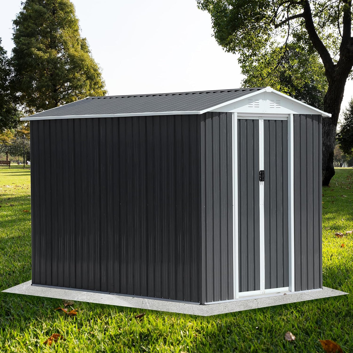 6x9 FT Outdoor Storage Shed, Metal Garden Shed with Lockable Sliding Doors, Outside Tool Shed with Sloped Roof & 4 Air Vents, Waterproof Storage Building for Backyard, Patio, Lawn, Gray