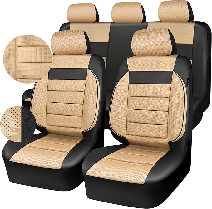 CAR PASS Leather Seat Covers Full Set Universal Water Resistant 3D Foam Back Support, Luxury Comfort Automotive 5 Seat Covers All Season Fit for SUV,Sedan,Van, Airbag Compatible Elegance(Beige Black)