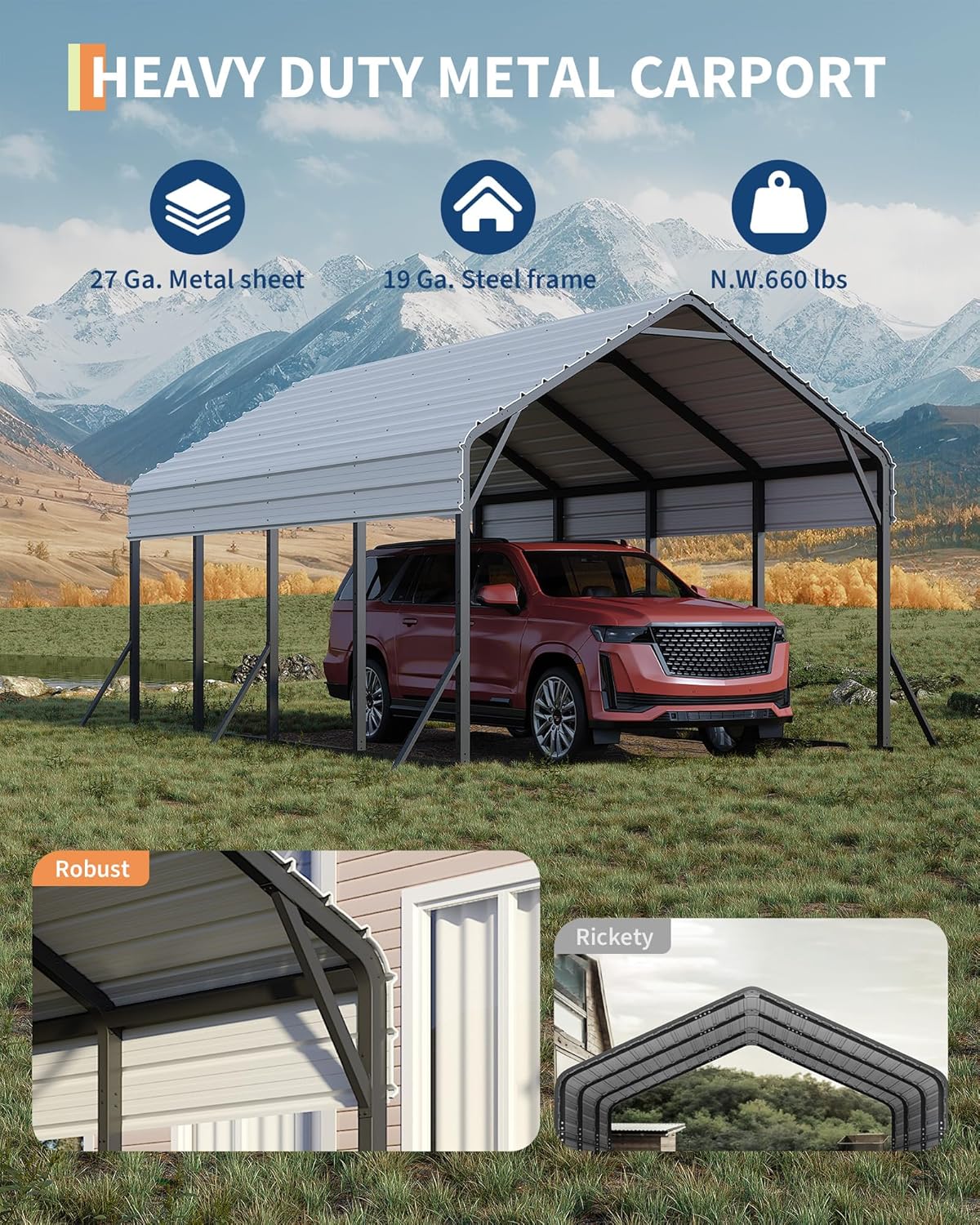 13'x21'x11' Oversized Metal Carport, Steel Heavy Duty Car Ports for All-Weather, Tall Carport for Full-Size Pickup Trucks, Boats, and Tractors, N.W. 660 Lbs
